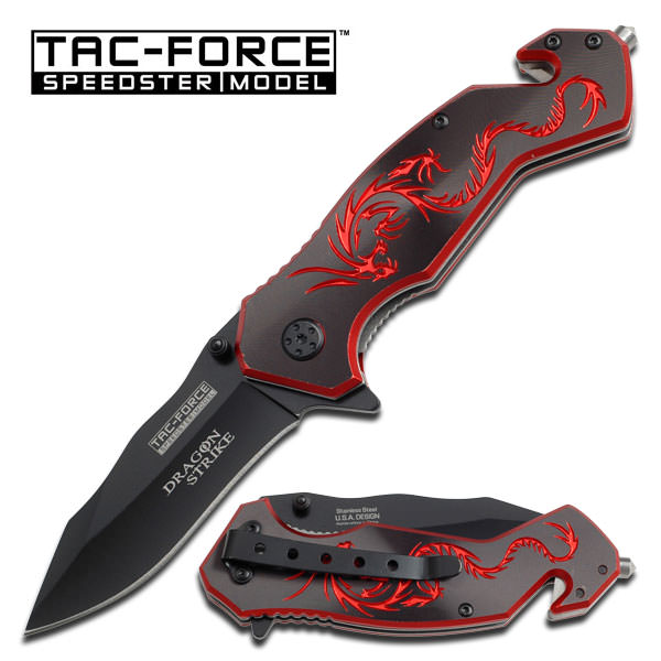 Black and Red Dragon Strike Spring Assisted Rescue Folding Knife - Tophatter's Army Products & Self Defense Collectible Weapons - Tophatter Daily Deals